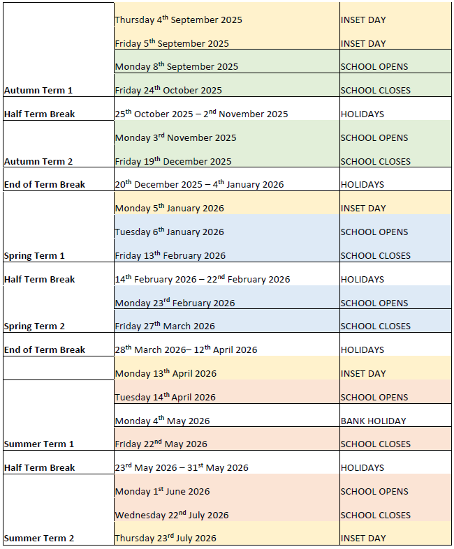 These are the term dates for the 2025 - 2026 academic year at High Grange School. 